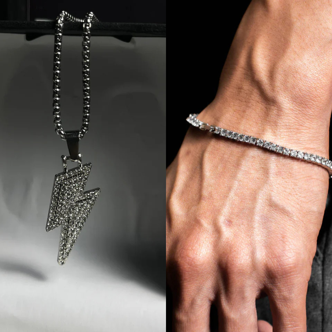 4mm Tennis Iced Out Bracelet with Premium Thunder Stone Lightening Silver Pendant